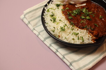 Punjabi Chhole Also Known As Chhola Masala Sabji Amritsari Chole Sabzi Masaledar Chana Chola Or Chickpeas Veg Curry Made Of Chick Peas Onion Tomato And Spices. Served With Boiled Basmati White Rice