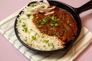 Punjabi Chhole Also Known As Chhola Masala Sabji Amritsari Chole Sabzi Masaledar Chana Chola Or Chickpeas Veg Curry Made Of Chick Peas Onion Tomato And Spices. Served With Boiled Basmati White Rice