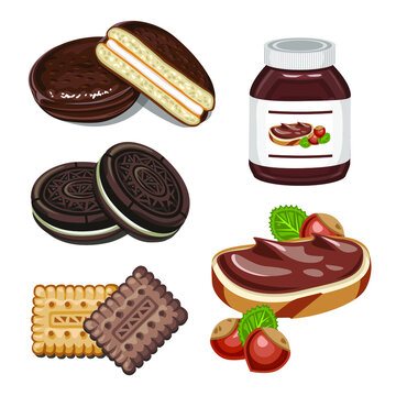 A sweet set of cakes and cookies. Sandwich with chocolate paste.