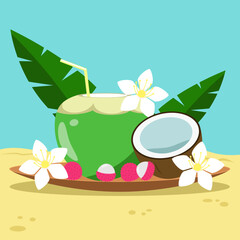 Coconut still life on the beach. Summer tropical cocktail and ripe lychee on a plate. Vector illustration.