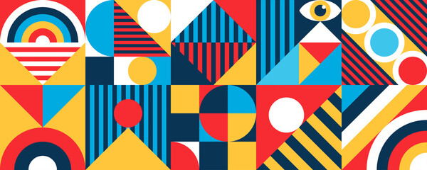 Abstract bauhaus banner minimal 20s geometric style with geometry figures and shapes circle, triangle. square. Human psychology and mental health concept illustration. Vector 10 eps