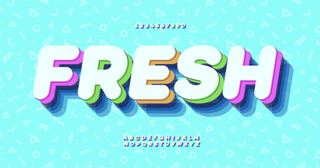 Vector fresh font 3d bold colorful style trendy typography for infographics, motion graphics, video, promotion, decoration, logotype, party poster, t shirt, book, animation, banner, game. 10 eps