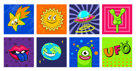 Retro stickers UFO space theme. Planets, aliens, spaceship in cartoon style. Vector illustration