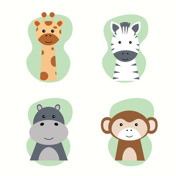 Wild African animals. Funny vector illustration with cute characters - giraffe,  zebra, monkey, hippo  on white background