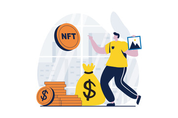 NFT token concept with people scene in flat cartoon design. Man earns money and cryptocurrency by selling digital paintings with NFT tokens on marketplaces. Vector illustration visual story for web
