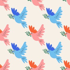 Fototapeta na wymiar Peace doves in pink and blue color, vector seamless pattern. Background for paper, packaging, wallpaper, fabric and other surfaces.