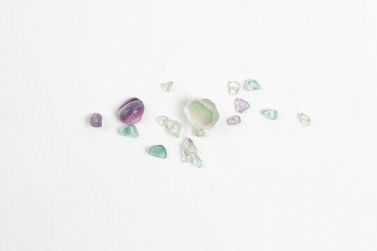 Fluorite Stones on White Background. Mineral Collection. Calcium fluoride