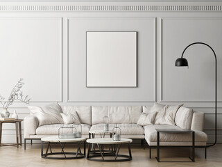 White living room with mock up poster on background wall, 3d illustration
