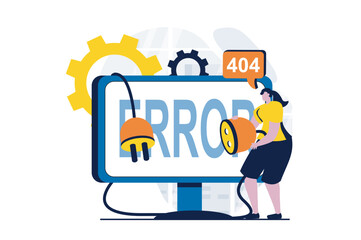 Obraz premium Page not found concept with people scene in flat cartoon design. Woman has technical problems in operation of website and 404 errors on computer screen. Vector illustration visual story for web