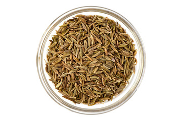 Caraway seeds Pile, Top View, isolated on white background.