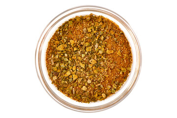 Seasoning for meat, Top view, isolated on white background.