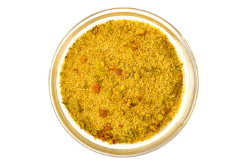 A pile of a spice mix for fish, Top view, isolated on white background.