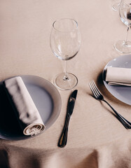 Served dinner table in a restaurant. Restaurant interior