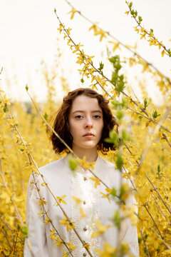 Woman Surrounded By Blooming Forsythia