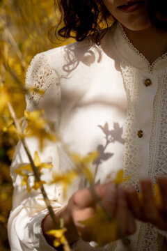 Forsythia Shadows On White Vintage Shirt 