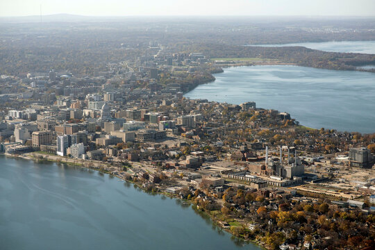 Aerial view of the isthmus in Madison, Wisconsin