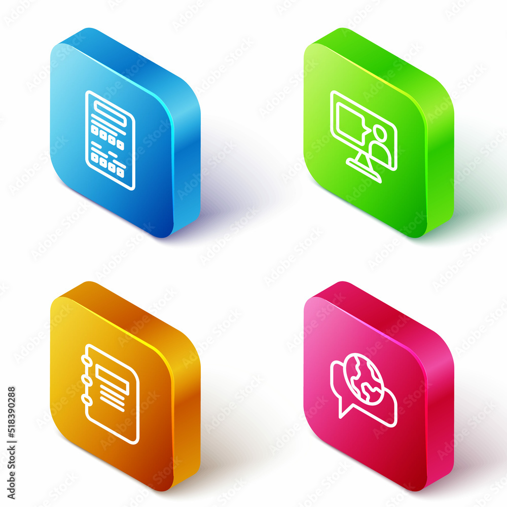 Poster set isometric line exam sheet, foreign language online study, notebook and learning foreign language
