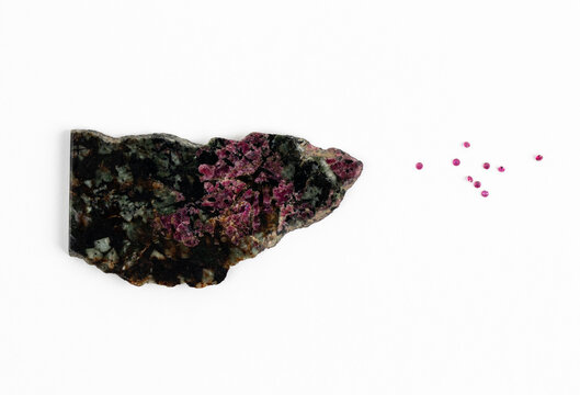 Ruby in Zoisite slice specimen and brilliant cut rubies. Mineralogy Collection pieces.