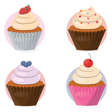 A set of delicious cupcakes with different toppings, frosting and decorated with fruits, blueberries, cherries and chocolate balls in a cartoon style