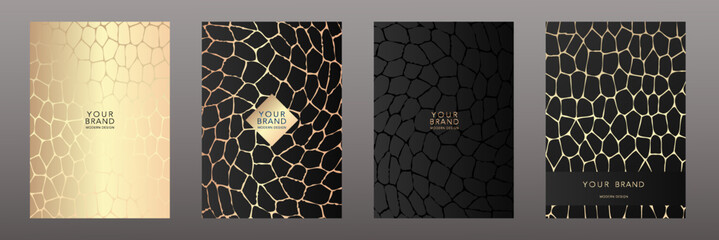 Modern black and gold cover design set. Premium abstract line pattern with crack texture on grunge background. Luxury vector for catalog, brochure template, restaurant menu, booklet, bonus card 