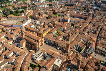 Aerial view of the historic center of Alba with the cathedral of San Lorenzo.
