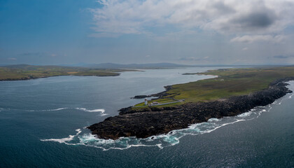 drone panorama landscape of Boradhaven Bay and the hsitoric Broadhaven Lighthouse on Gubbacashel Point