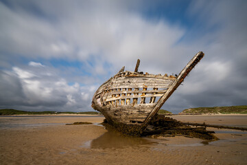 view of the shipwreck of the Cara Na Mara on Mageraclogher Beach in Ireland