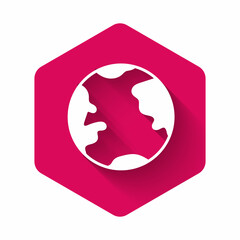 White Earth globe icon isolated with long shadow. World or Earth sign. Global internet symbol. Geometric shapes. Pink hexagon button. Vector Illustration