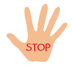 Stop inscription on hand. Blocking gesture. Failure refuse rejection sign. Vector illustration