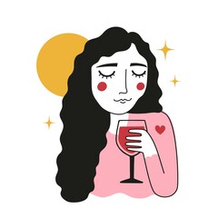 Vector illustration with woman holding glass of red wine. Sun, stars and red heart. Trendy apparel print design, home decoration poster