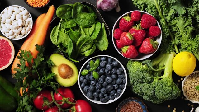 Healthy food. Healthy eating background. Fruits, vegetables, berries. Vegetarian eating. Superfood