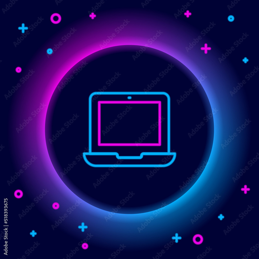 Poster glowing neon line laptop icon isolated on black background. computer notebook with empty screen sign