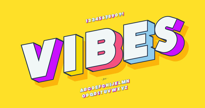 Vector vibes font 3d bold colorful style trendy typography for infographics, motion graphics, video, promotion, decoration, logotype, party poster, t shirt, book, animation, banner, game, printing. 10