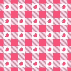 Gingham pattern with heart checkered plaids for Valentines day, Easter holiday, tablecloth, dress, fabric textile design. Vichy tartan seamless backgrounds with cute hearts. Vector