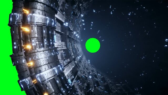 Space futuristic base with ships traffic. Futuristic concept. Green screen 4k footage.