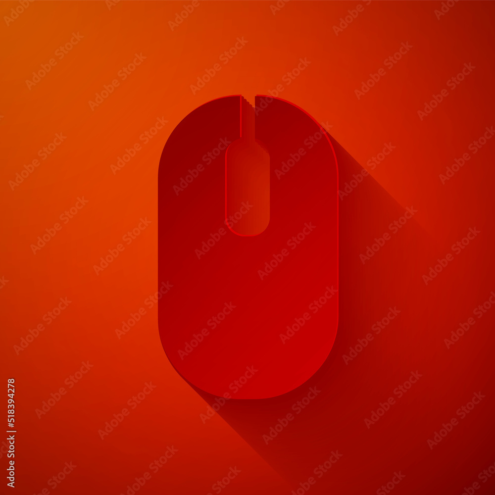 Poster paper cut computer mouse icon isolated on red background. optical with wheel symbol. paper art style