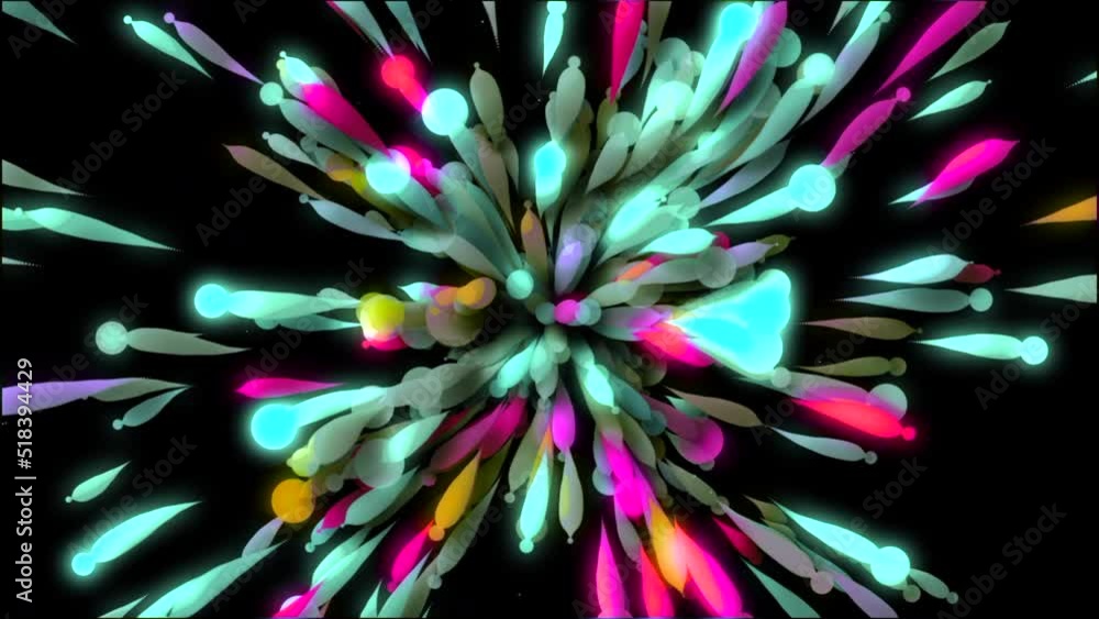 Poster explosion of colorful 3d particles in festive style. motion. colorful balls with particles move in f