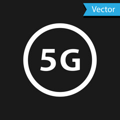 White 5G new wireless internet wifi connection icon isolated on black background. Global network high speed connection data rate technology. Vector
