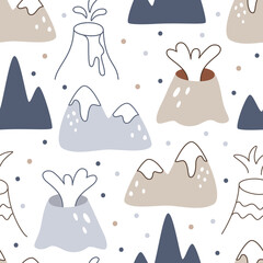 Scandinavian seamless pattern with mountains and volcanoes on a white background. Nordic repeating print for children clothing or wallpaper.