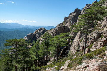 Rocks and mountains in Bavella Park on the island of Corsica