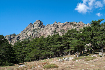 Rocks and mountains in Bavella Park on the island of Corsica