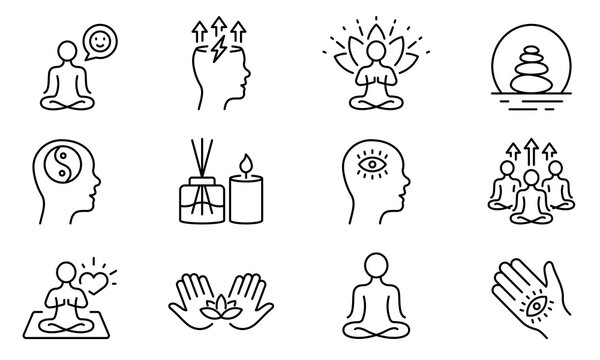 Yoga in Lotus Pose Harmony Line Icon Set. Spiritual Energy Linear Pictogram. Meditation Relax Balance Aromatherapy Outline Icon. Khamsa Zen Brain. Editable Stroke. Isolated Vector Illustration