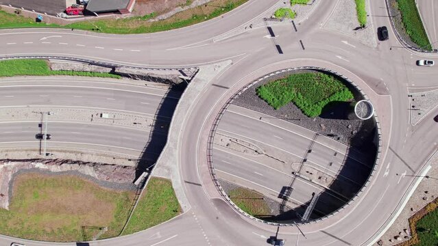 Aerial view of the Keha highway in Espoo city, Finland. Roundabout over the road.