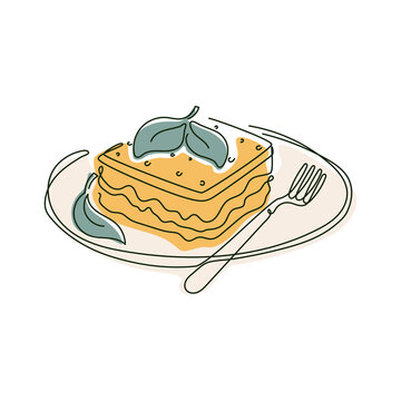recommend clip art: Lasagna on a plate with fork and spinach leaf, vector isolated line art illustration of italian food.