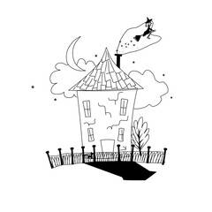 spooky haunted house, witch, hand drawn outline in sketch style 