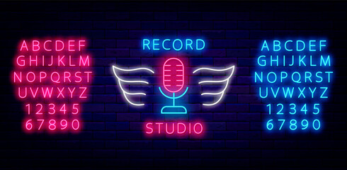 Record studio neon label. Microphone with wings. Music track recording. Pink and blue typescript. Vector illustration