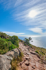Fototapeta na wymiar Lions Head Mountain trail with a relaxing beautiful ocean view. Lush green trees and bushes growing in harmony with nature. Popular attraction for tourists who enjoy outdoor adventure