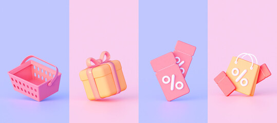 Stories background for social media. A grocery basket with a gift coupon and a purse. 3d rendering. Background design for social networks. - obrazy, fototapety, plakaty