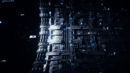 Space futuristic base with ships traffic. Futuristic concept. 3d rendering.