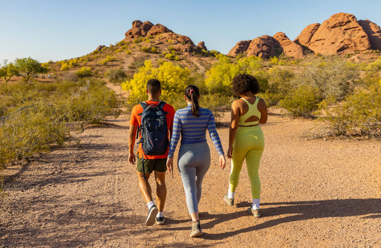 Desert Landscape With Gen Z Friends Hiking Trail Together 